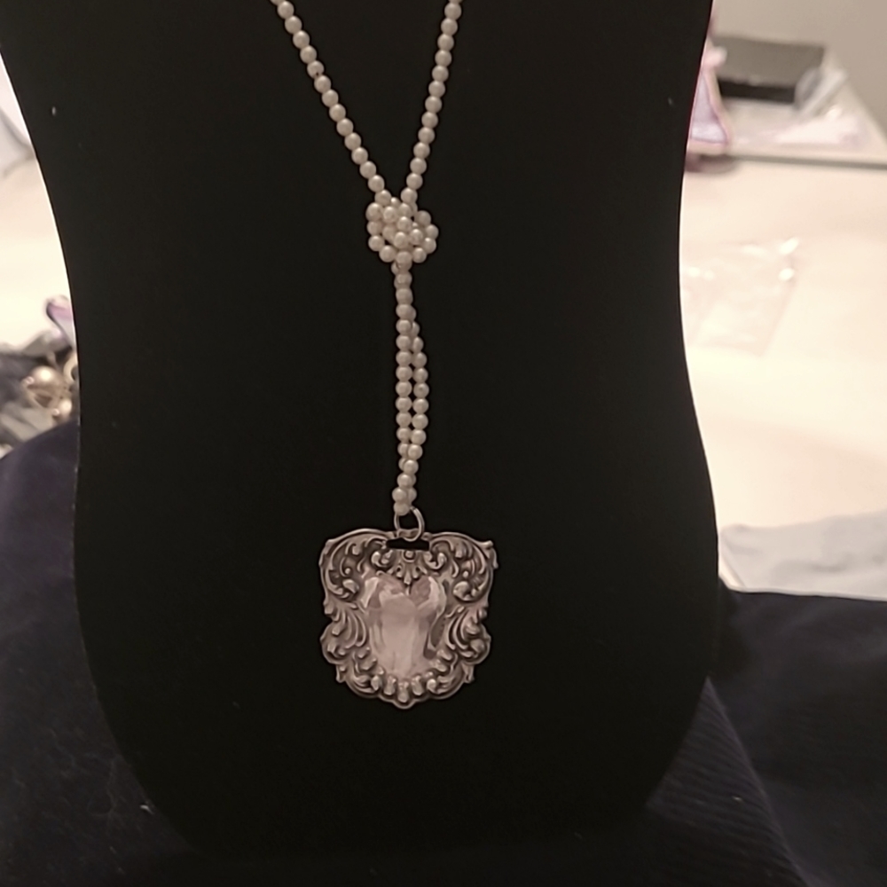Long Pearl Necklace with Sterling Silver Pendant